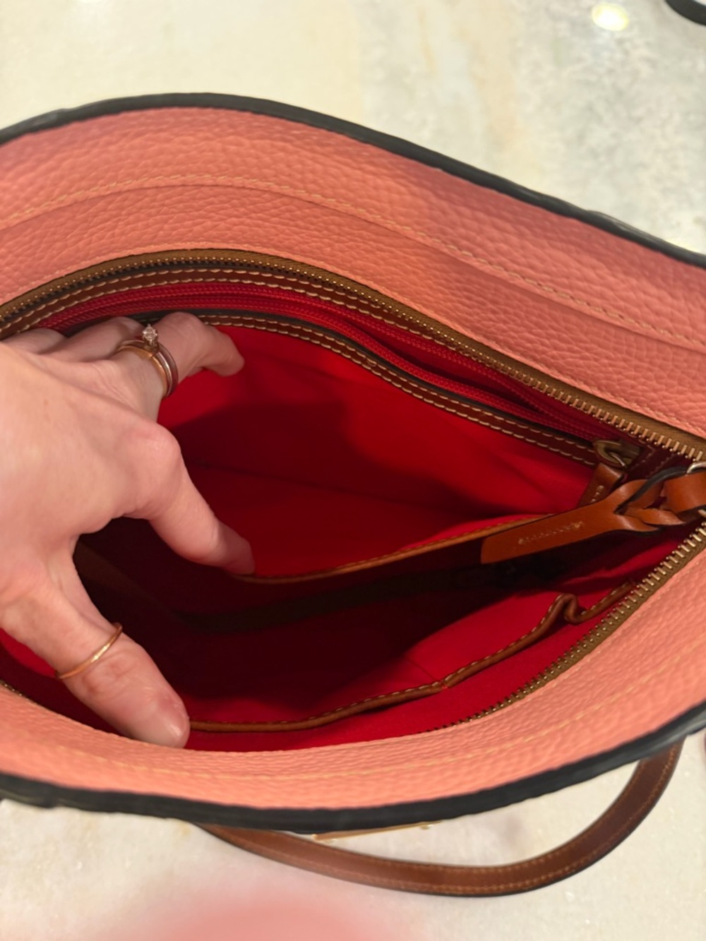 Dooney & Bourke Coral Pink Pebbled Leather Tote with Brown Straps - Picture 7 of 8